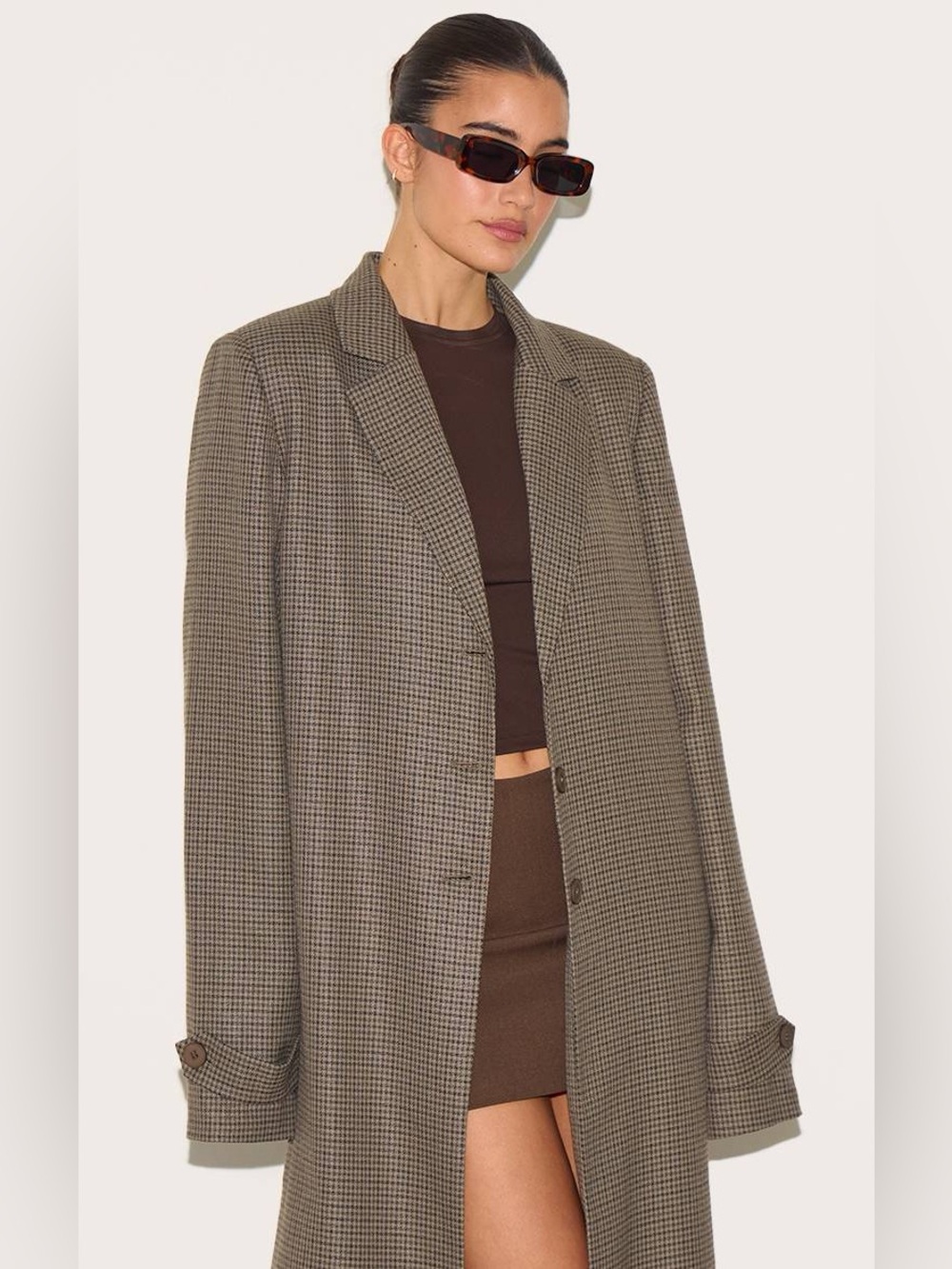 PrettyLittleThing Brown Houndstooth Longline Duster Coat - Picture 16 of 16